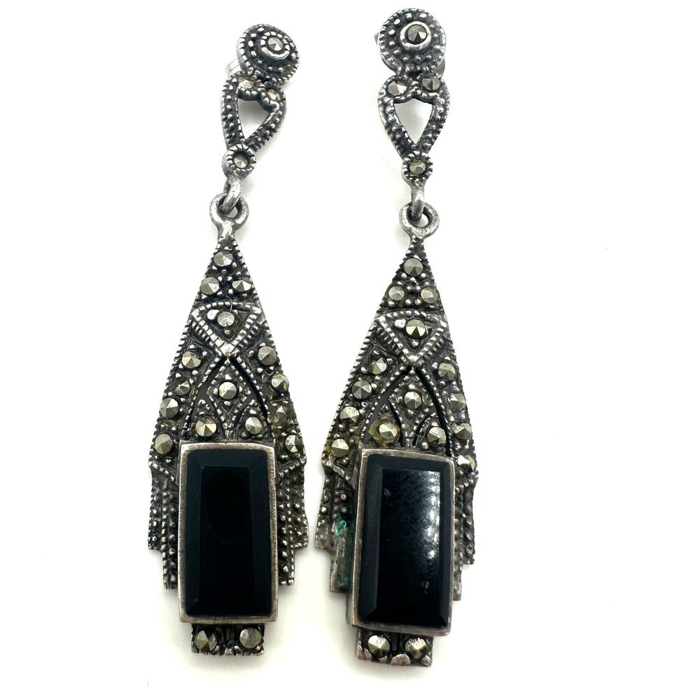Art Deco Revival sterling silver genuine black onyx marcasite post drop earrings